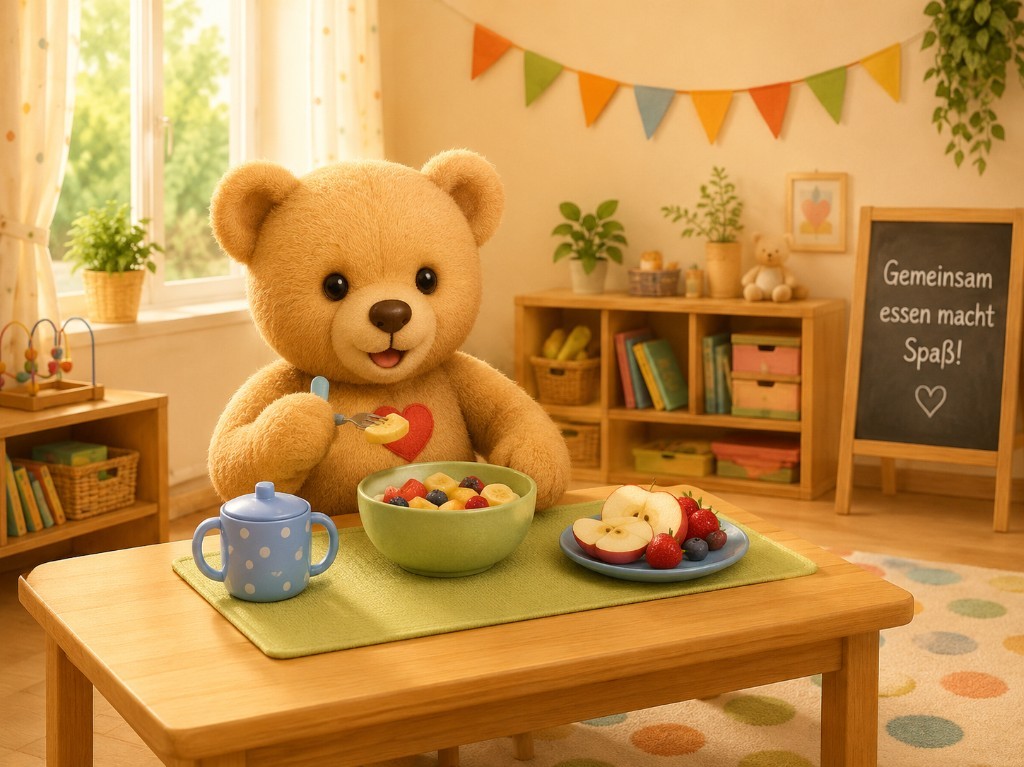 Illustration: Teddybär sitzt am Tisch mit Obst und Becher; Tafel mit „Gemeinsam essen macht Spaß!“