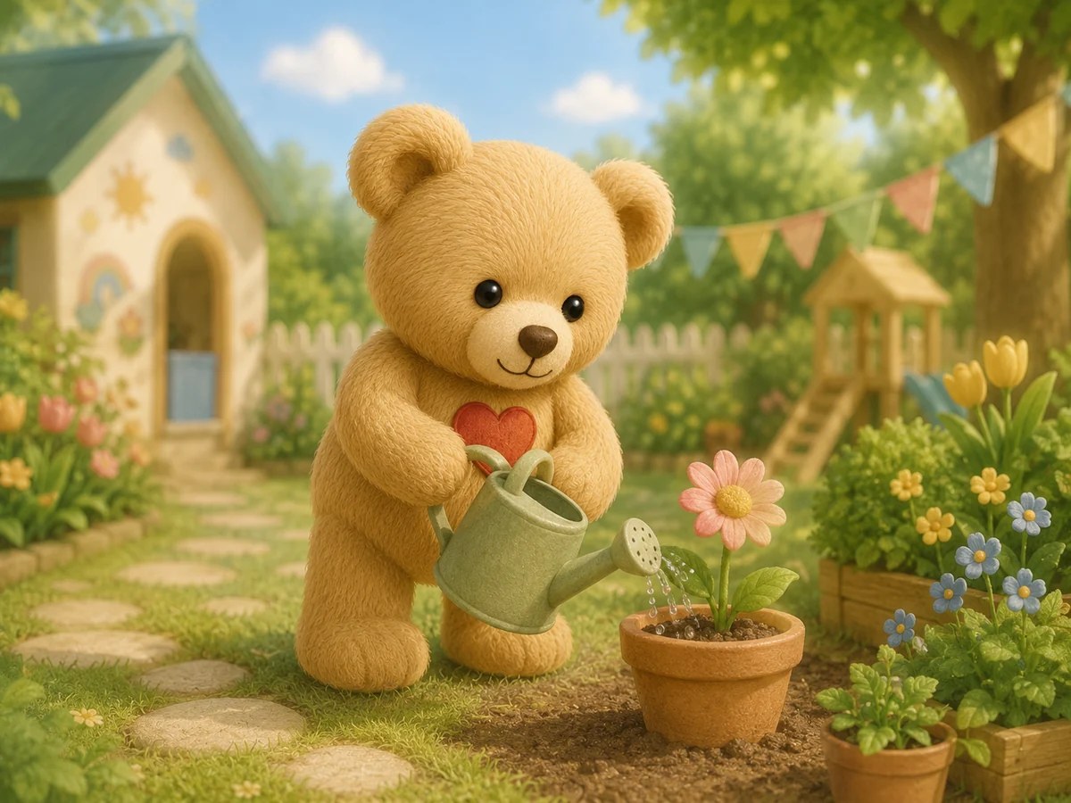 Illustration: Teddybär gießt Blumen im Garten