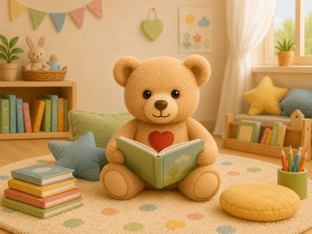 Illustration: Teddybär liest ein Buch in einer gemütlichen Ecke