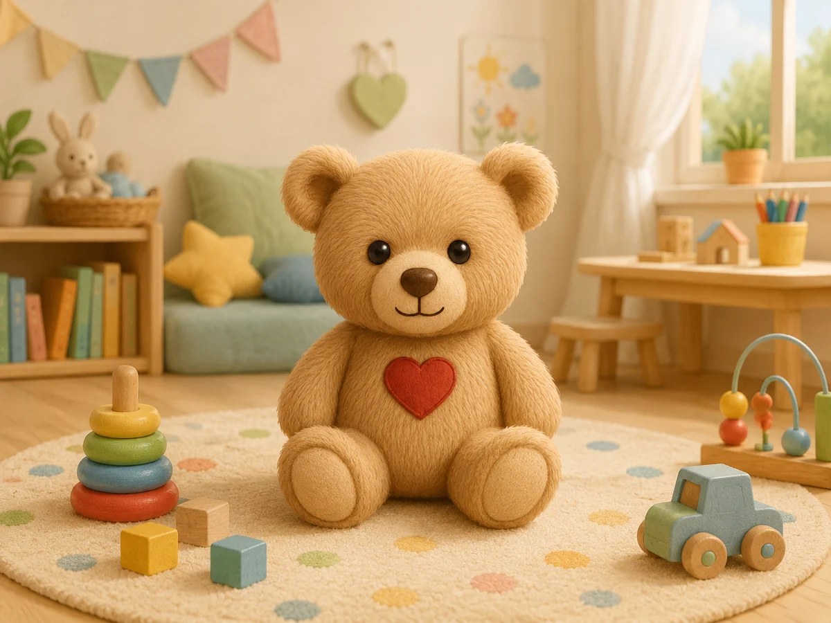 Illustration: Teddybär im gemütlichen Spielzimmer – Willkommen bei Kuschelbärchen