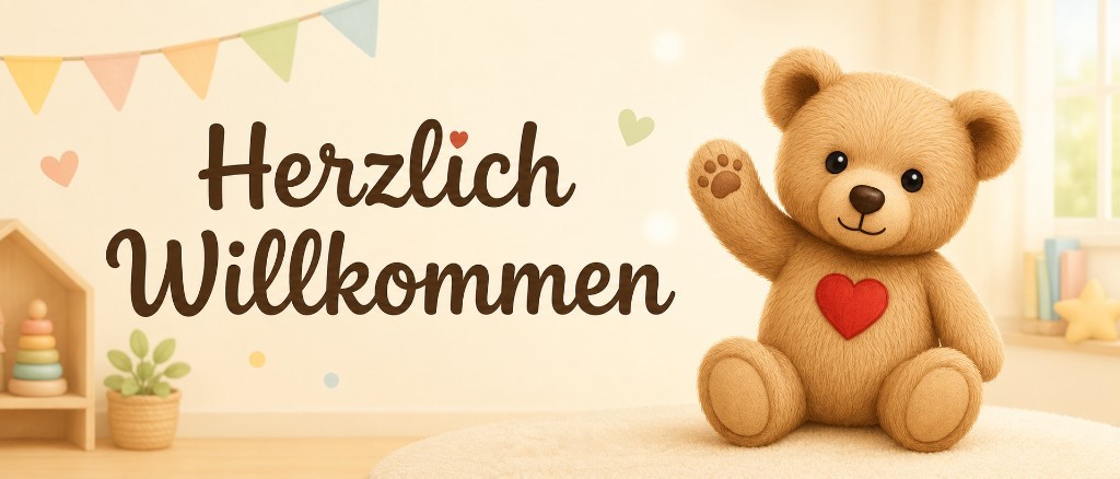 Illustration: Teddybär im Eingangsbereich mit Garderobe und Schild „Schön, dass du da bist!“ – herzlich willkommen