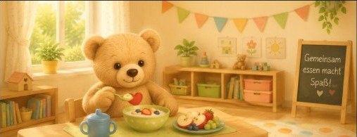 Illustration: Teddybär beim gemeinsamen Essen mit Obst und Joghurt; Tafel mit „Gemeinsam essen macht Spaß!“