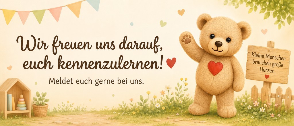 Illustration: Teddybär auf der Wiese neben einem kleinen Holzschild – herzliche Atmosphäre zum Kennenlernen
